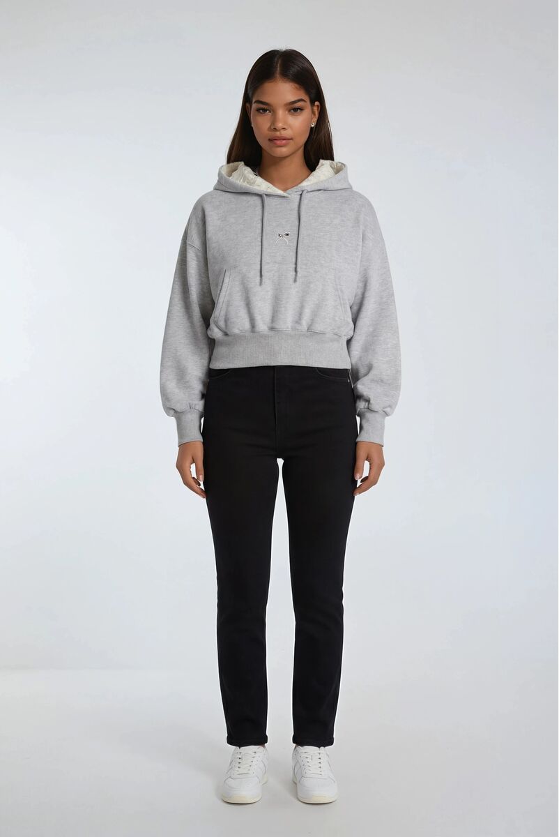 Cropped Lace-Lined Hood & Embroidered-Bow Hoodie-Feelings Star