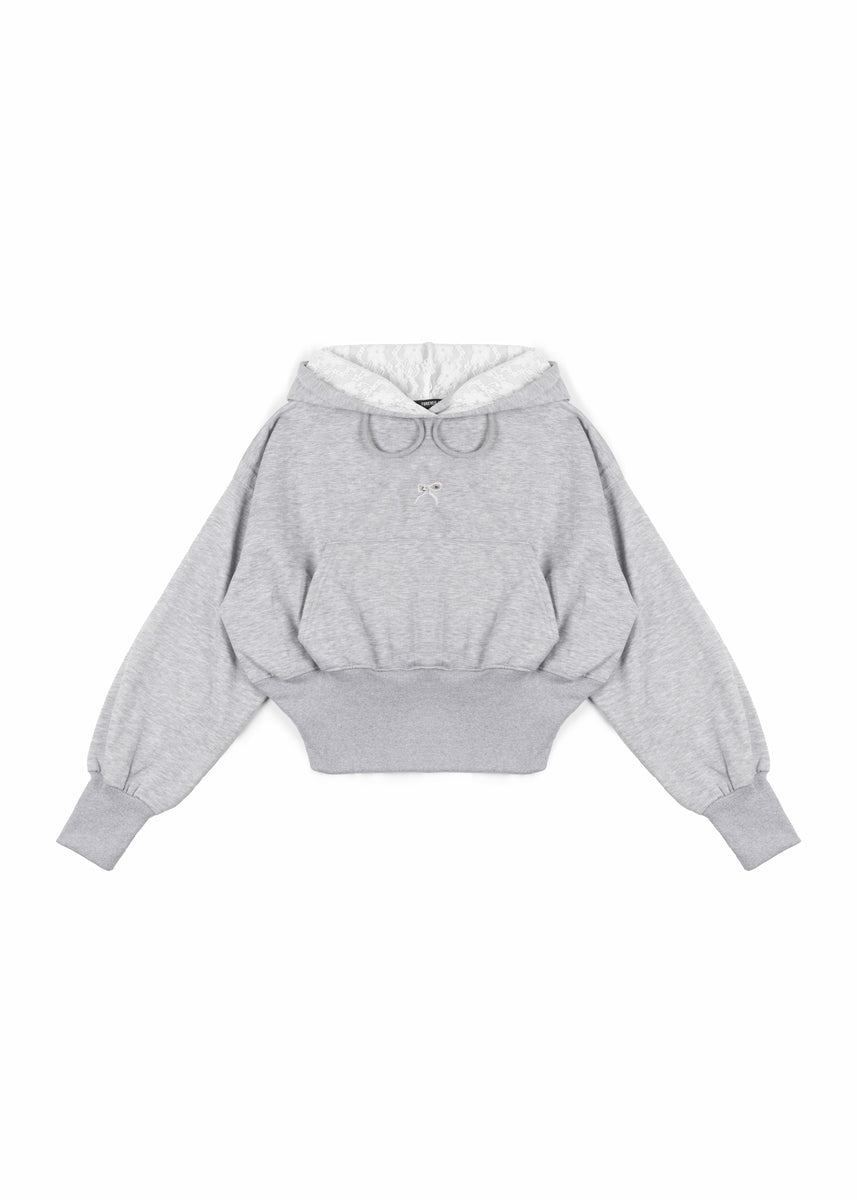 Cropped Lace-Lined Hood & Embroidered-Bow Hoodie-Feelings Star