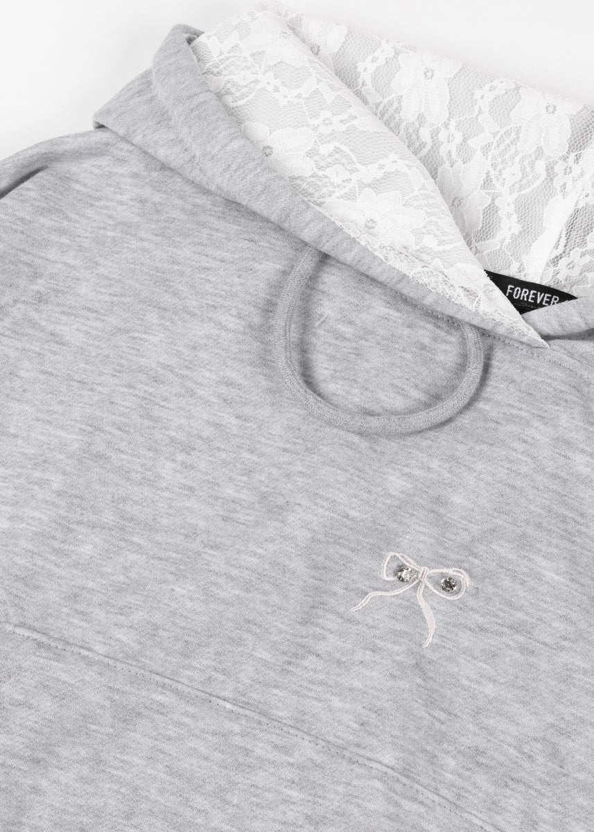 Cropped Lace-Lined Hood & Embroidered-Bow Hoodie-Feelings Star