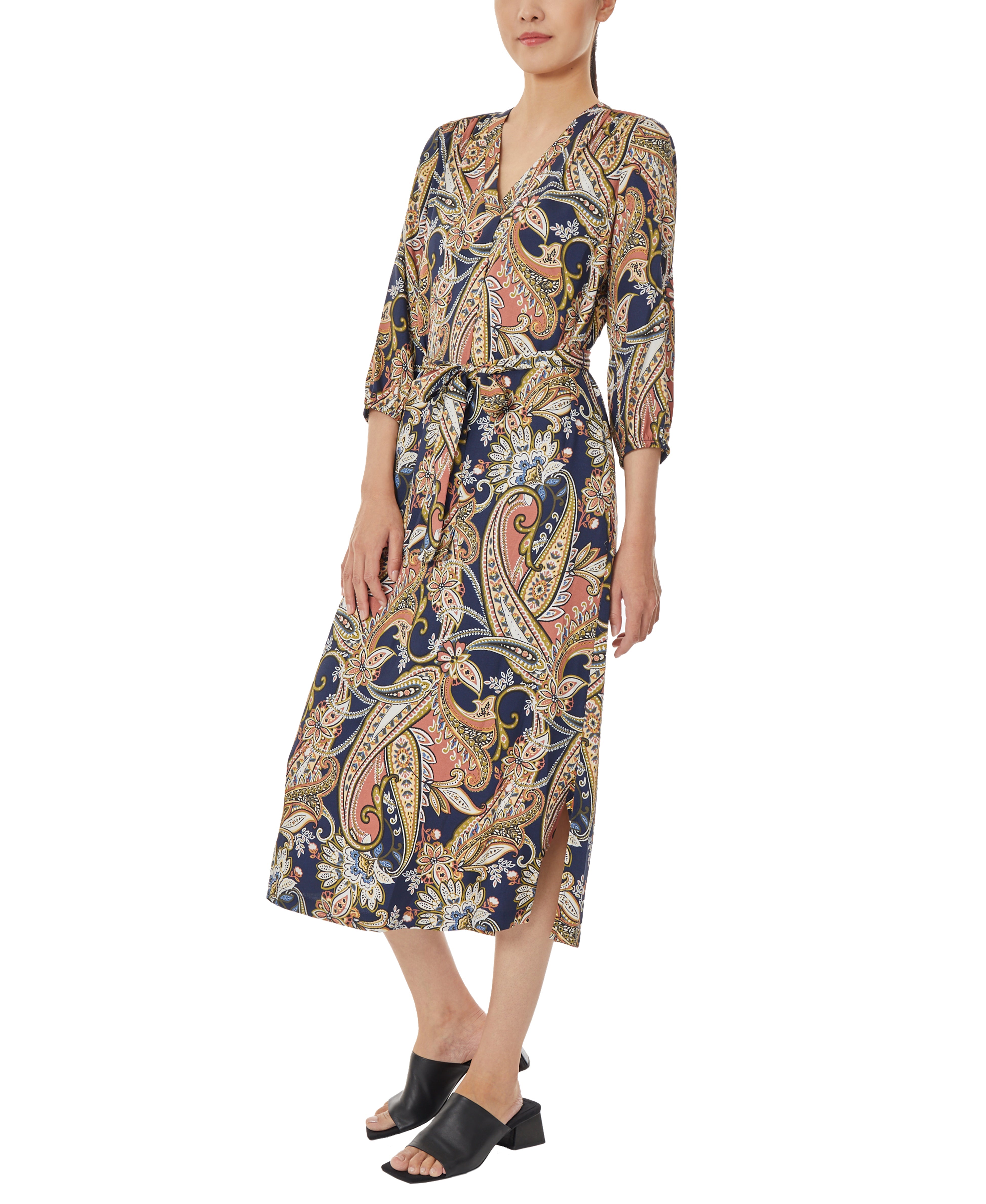 V-Neck Midi Dress with Tie Waist-Feelings Star