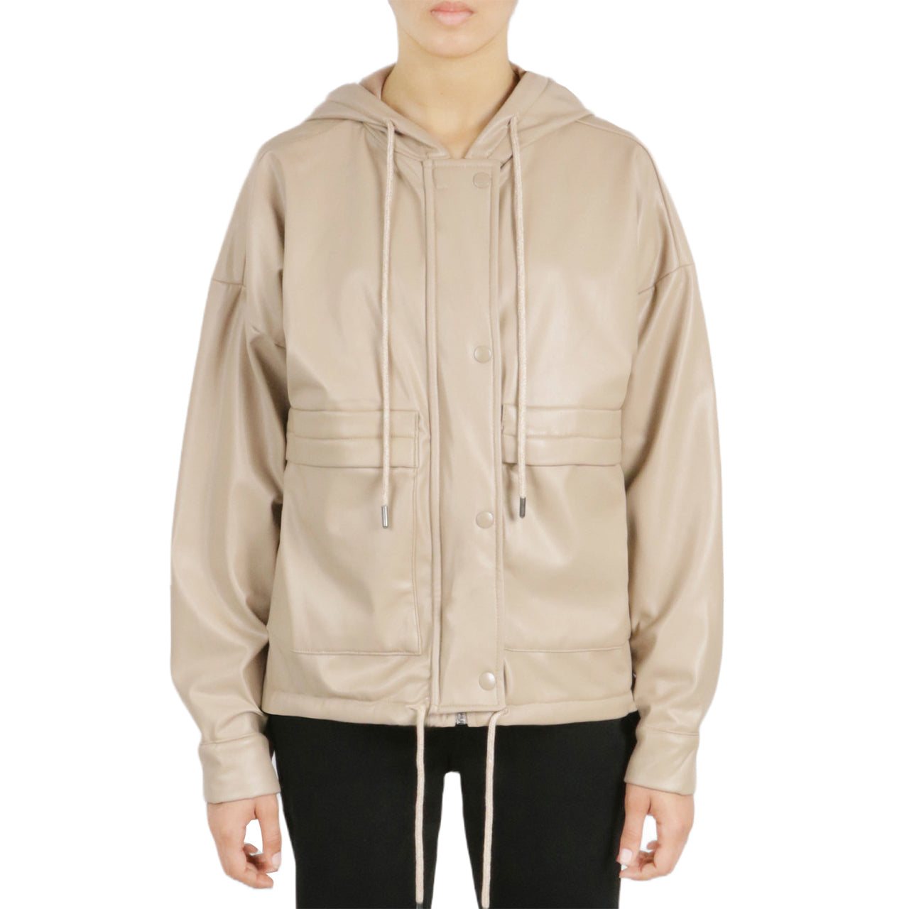 Vegan Leather Button Front Jacket-Feelings Star