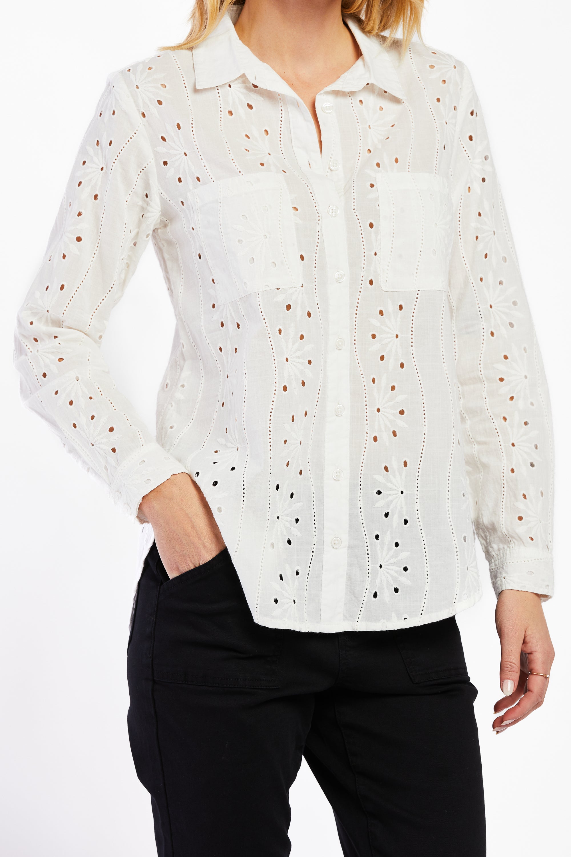 Anise Long Sleeve Eyelet Button Down Shirt-Feelings Star