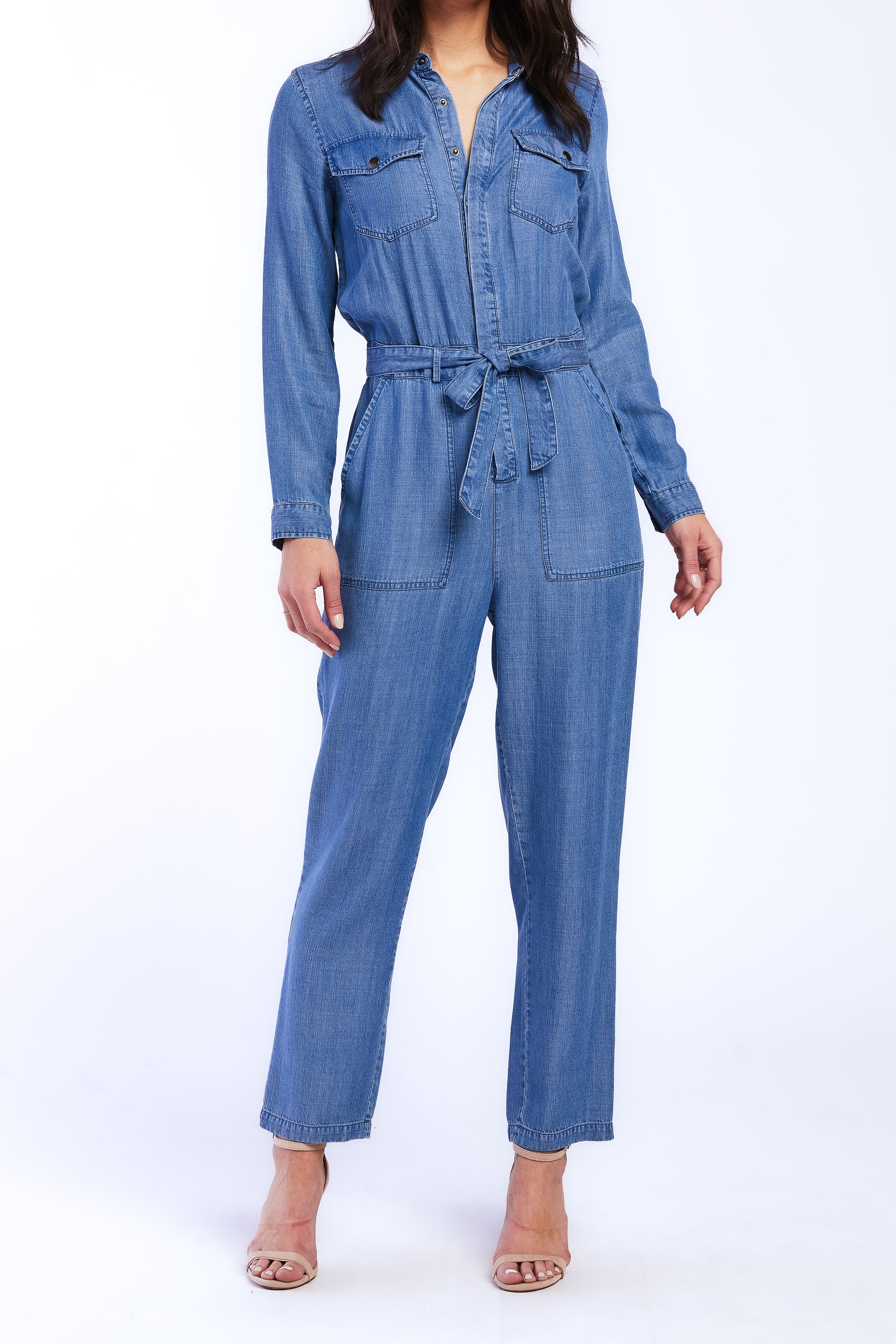 Cantrelle Long Sleeve Pull On Jumpsuit, Loose Leg, Half Button Down-Feelings Star