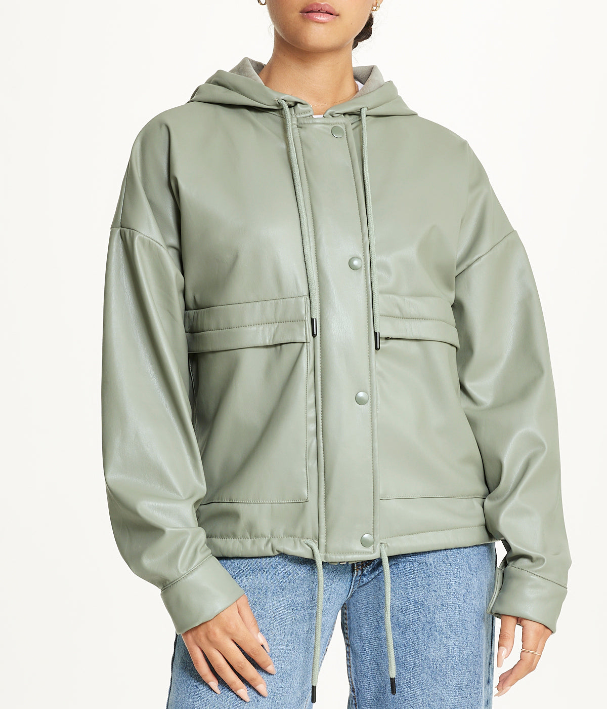 Vegan Leather Button Front Jacket-Feelings Star