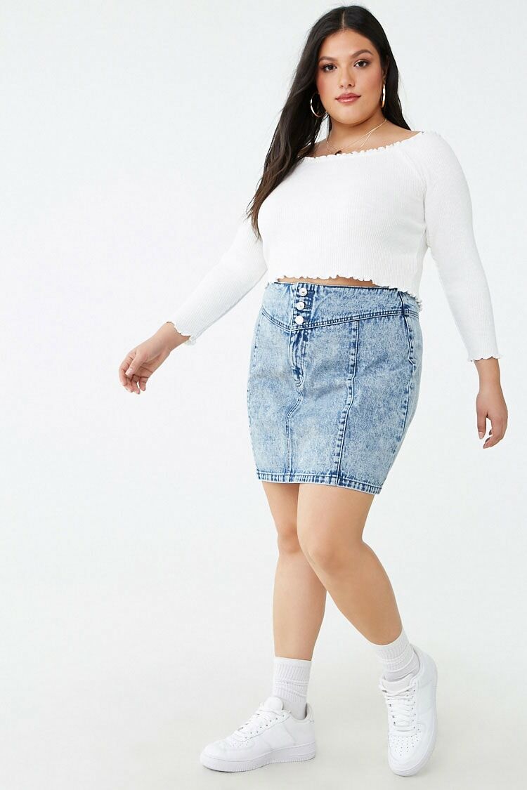 Plus Size Acid Wash Denim Skirt-Feelings Star