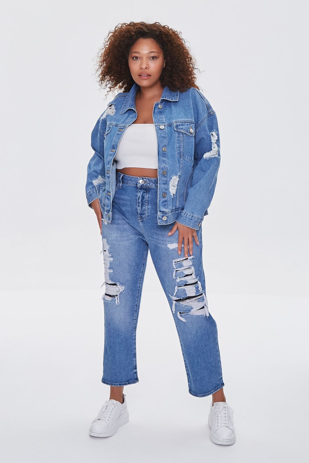 Plus Size Distressed Denim Jacket-Feelings Star
