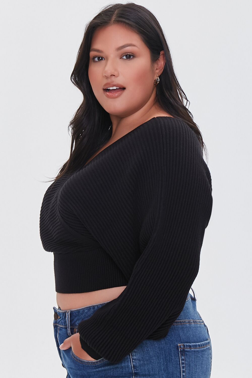Plus Size Ribbed Surplice Sweater-Feelings Star