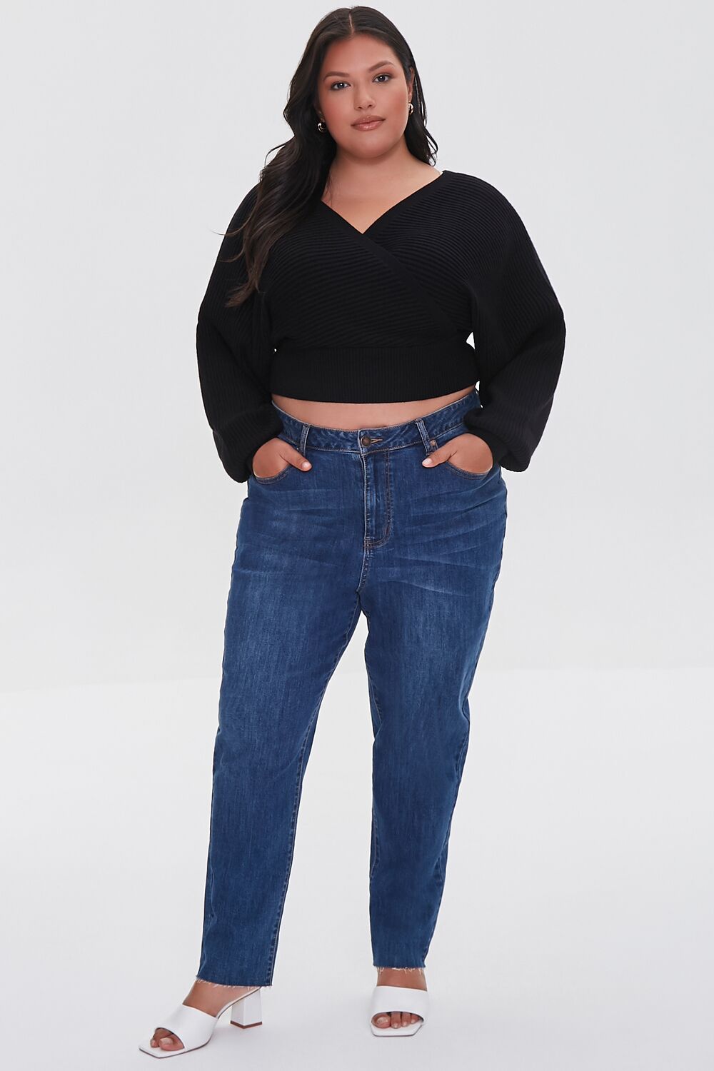 Plus Size Ribbed Surplice Sweater-Feelings Star