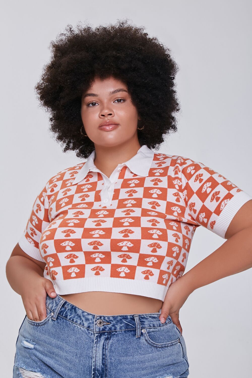 Plus Size Sweater-Knit Checkered Shirt-Feelings Star