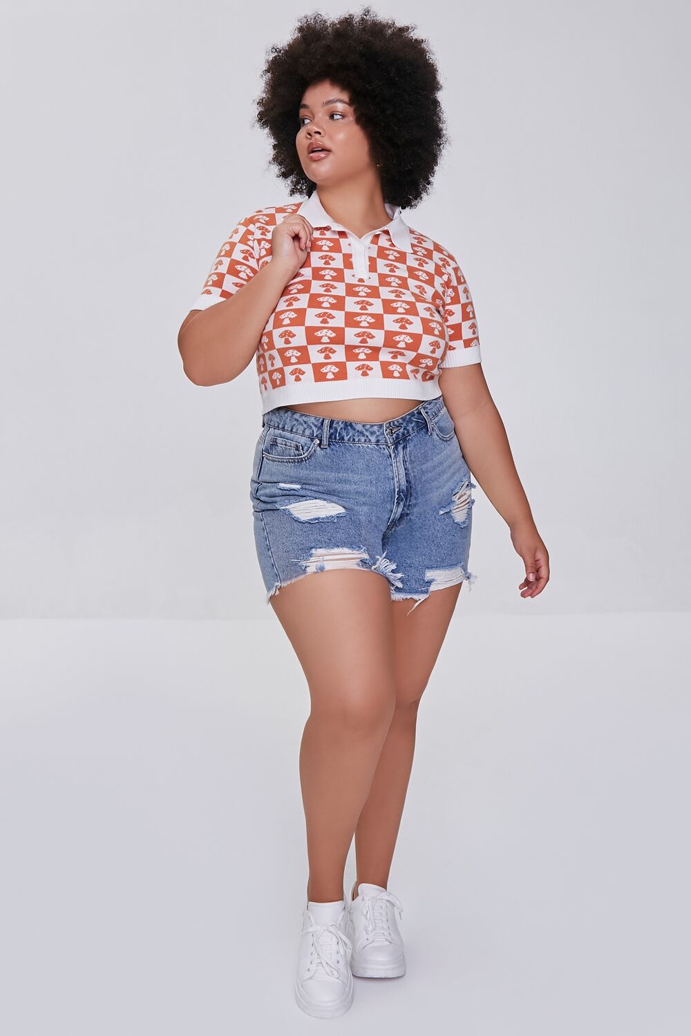 Plus Size Sweater-Knit Checkered Shirt-Feelings Star