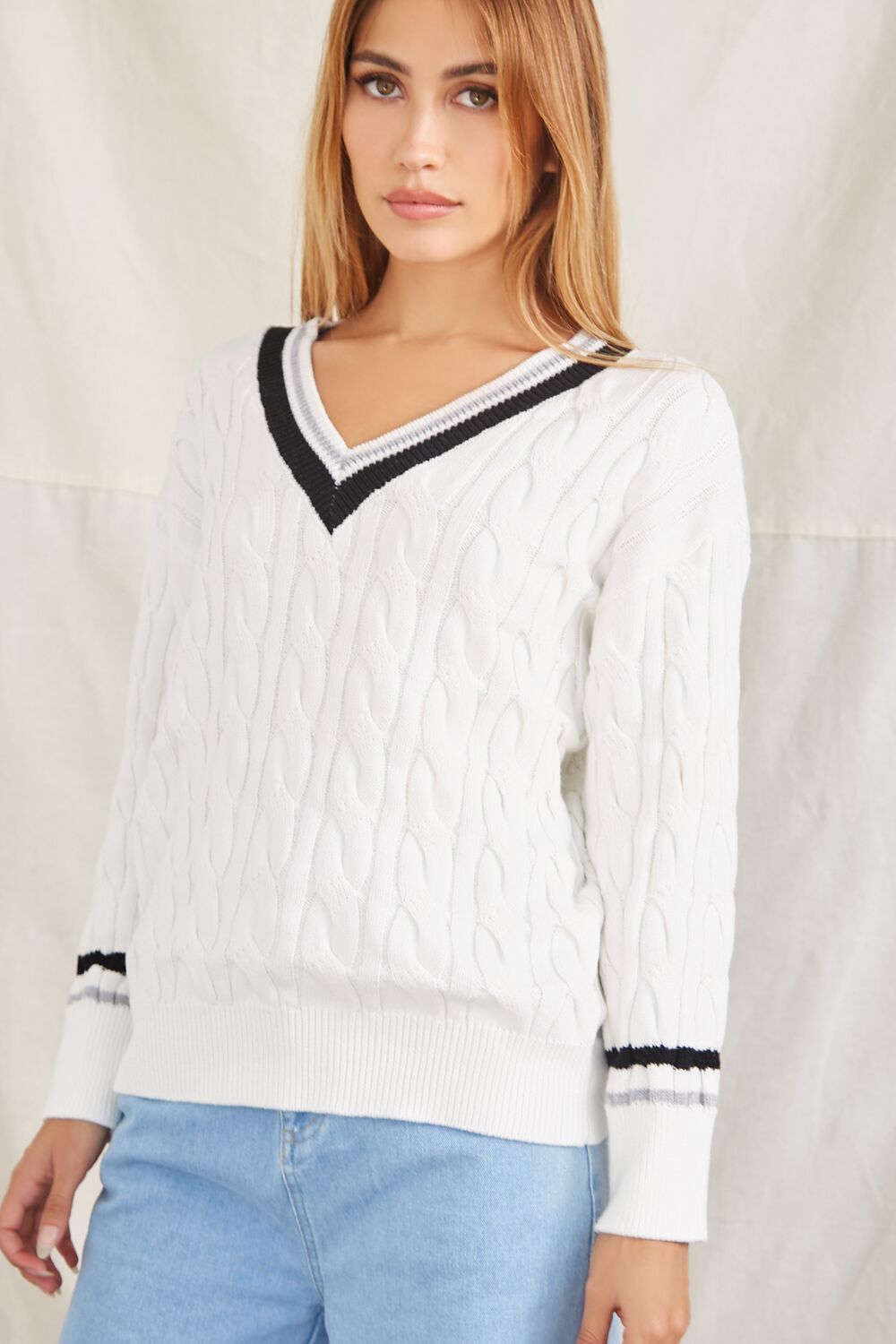 Striped-Trim Cable Knit Sweater-Feelings Star
