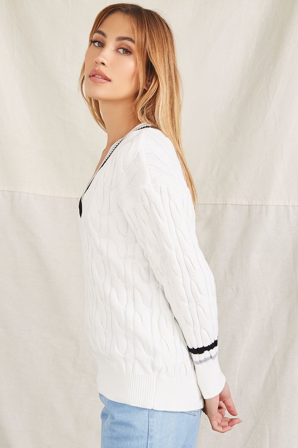 Striped-Trim Cable Knit Sweater-Feelings Star