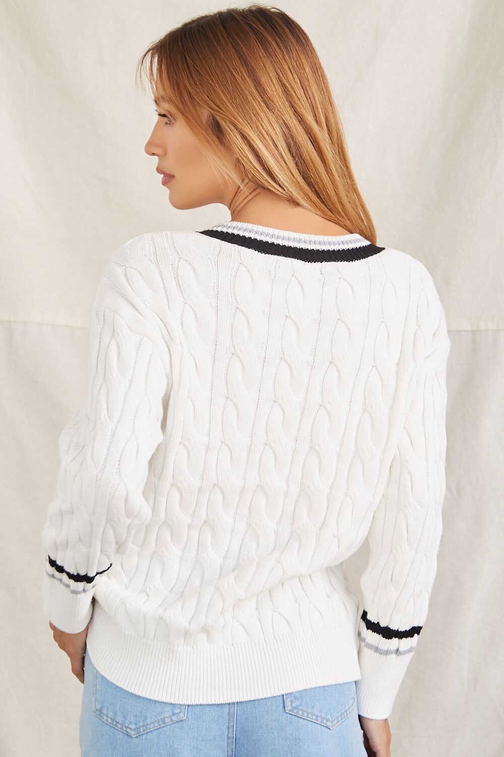 Striped-Trim Cable Knit Sweater-Feelings Star