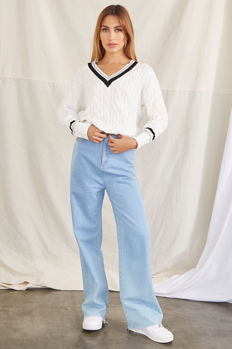 Striped-Trim Cable Knit Sweater-Feelings Star