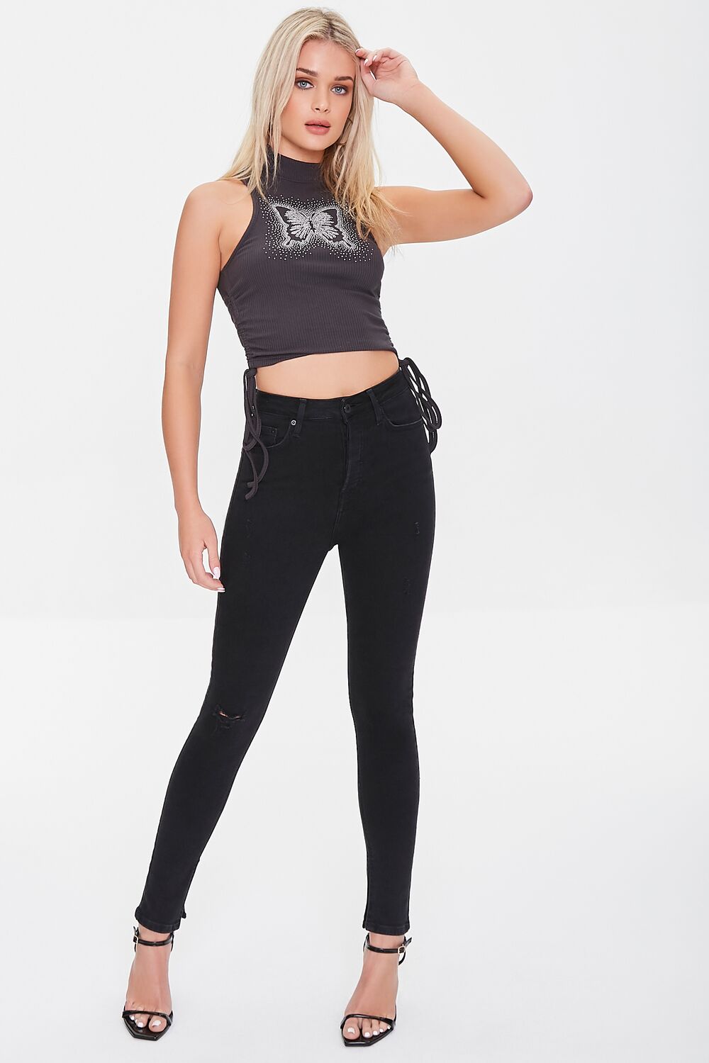 Butterfly Mock Neck Crop Top-Feelings Star
