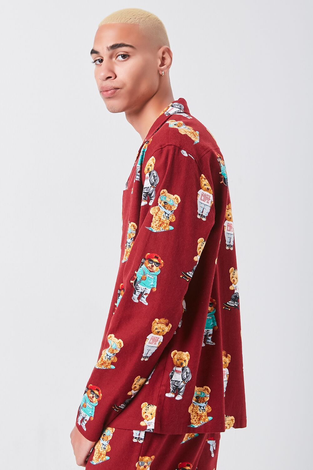 Teddy Bear Print Pajama Shirt-Feelings Star