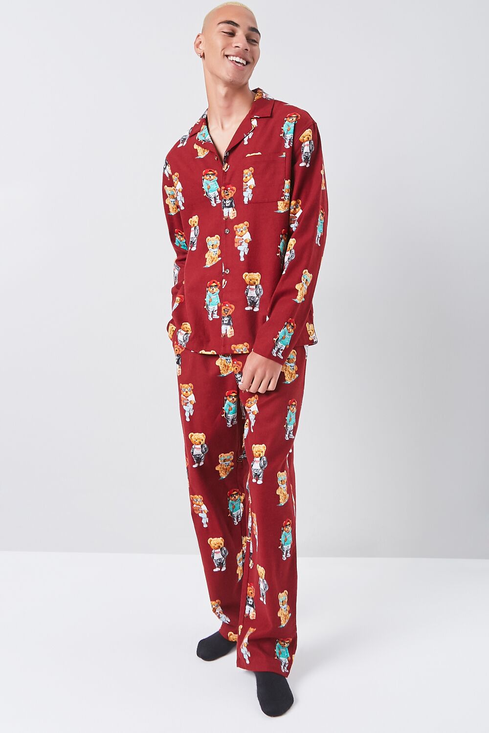 Teddy Bear Print Pajama Shirt-Feelings Star