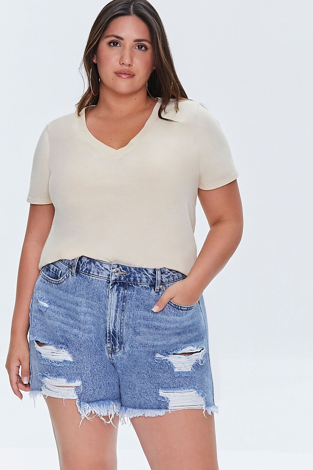Plus Size Distressed Denim Mom Shorts-Feelings Star