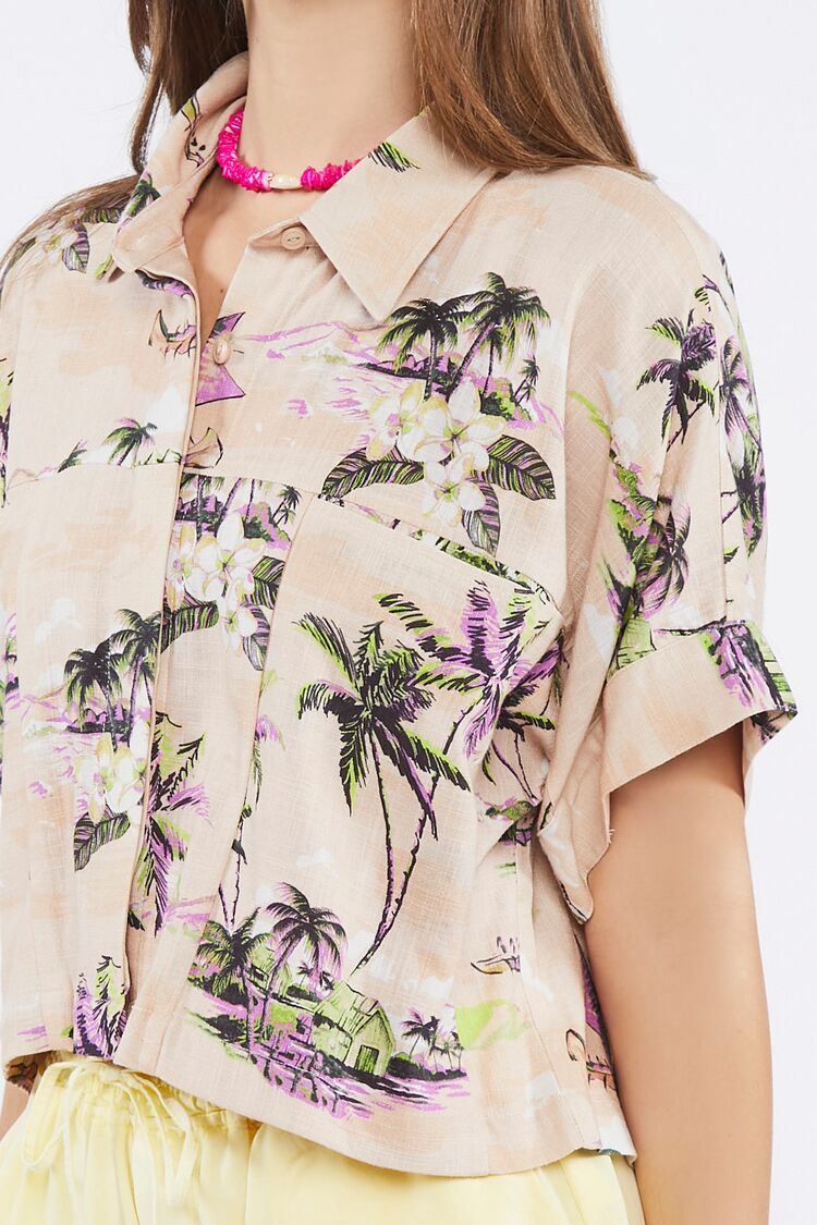 Tropical Print Linen-Blend Shirt-Feelings Star