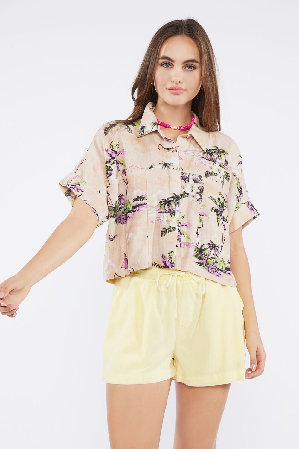 Tropical Print Linen-Blend Shirt-Feelings Star