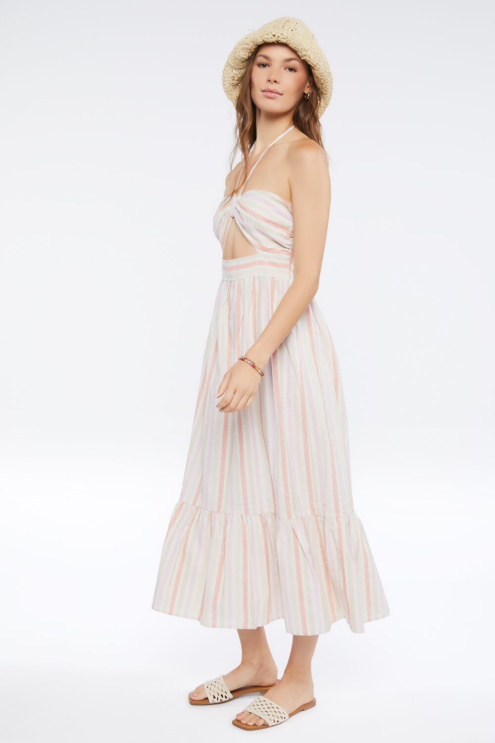 Striped Linen-Blend Midi Dress-Feelings Star