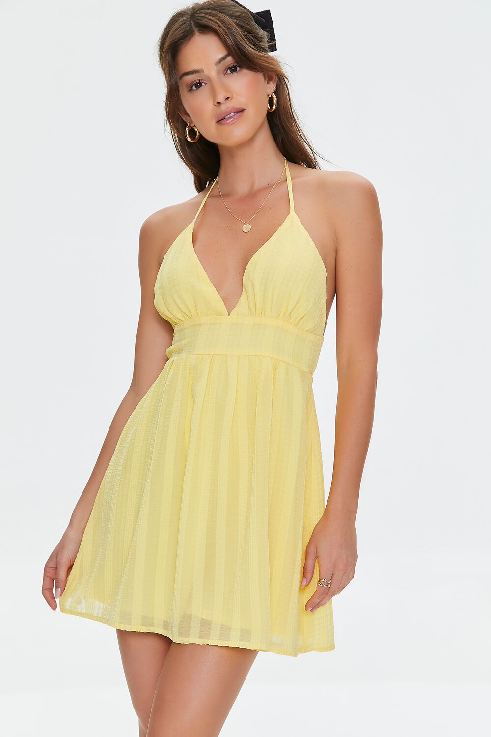 Striped Open-Back Halter Mini Dress-Feelings Star