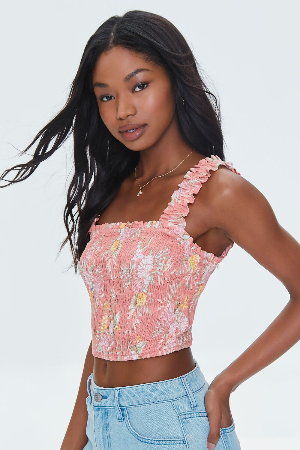 Tropical Leaf Smocked Crop Top-Feelings Star