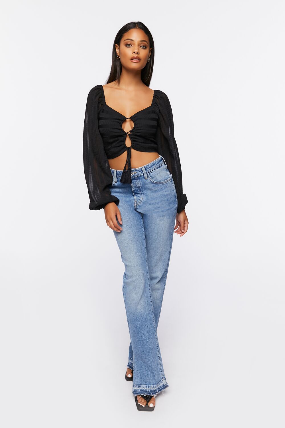 Striped Cutout Peasant Sleeve Top-Feelings Star