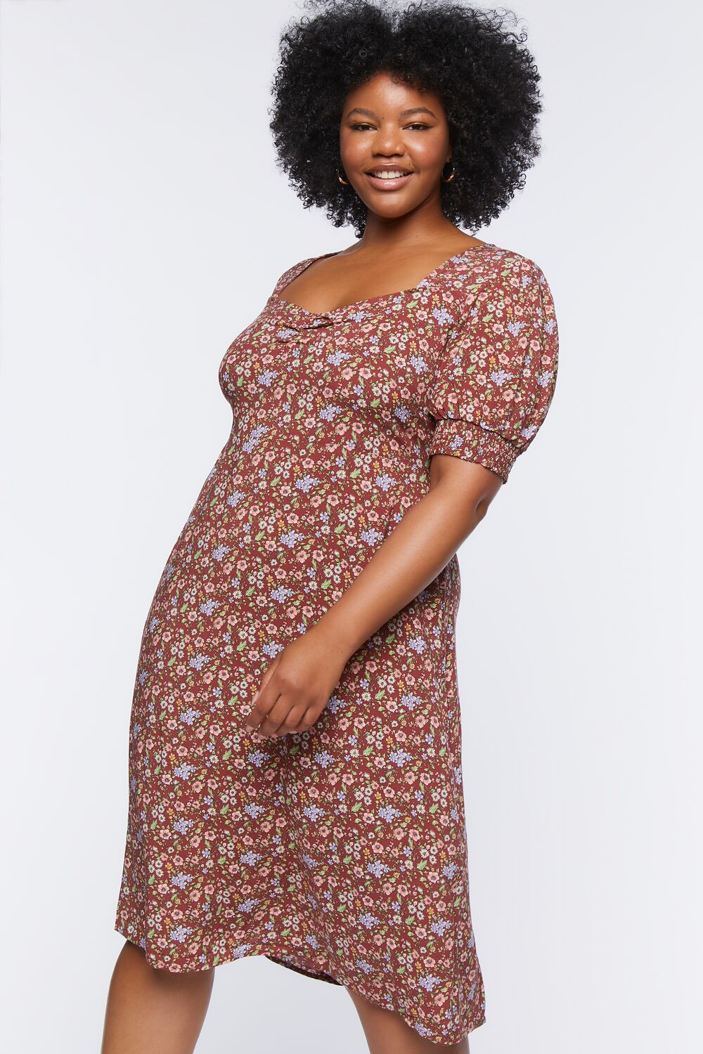Plus Size Ditsy Floral Print Midi Dress-Feelings Star