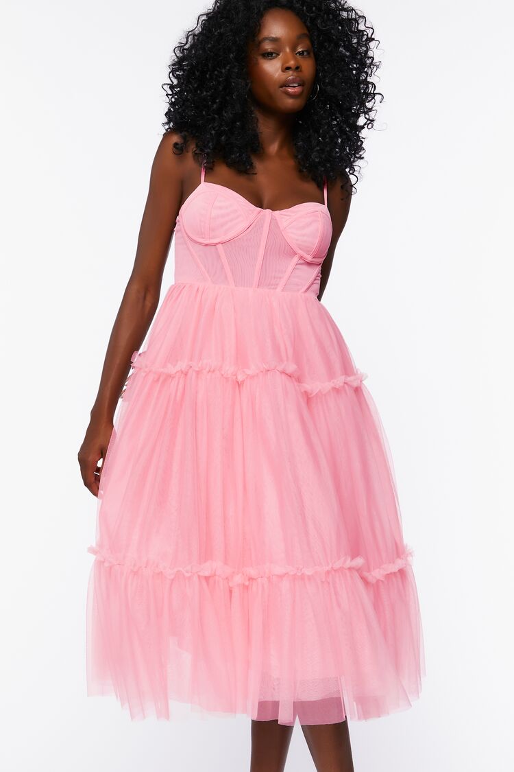 Tulle Ruffled Bustier Midi Dress-Feelings Star