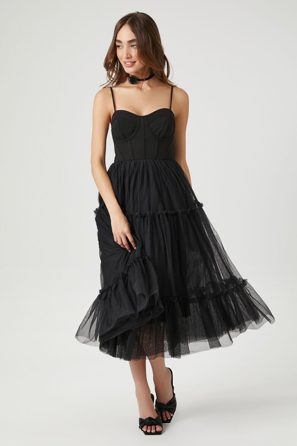Tulle Ruffled Bustier Midi Dress-Feelings Star