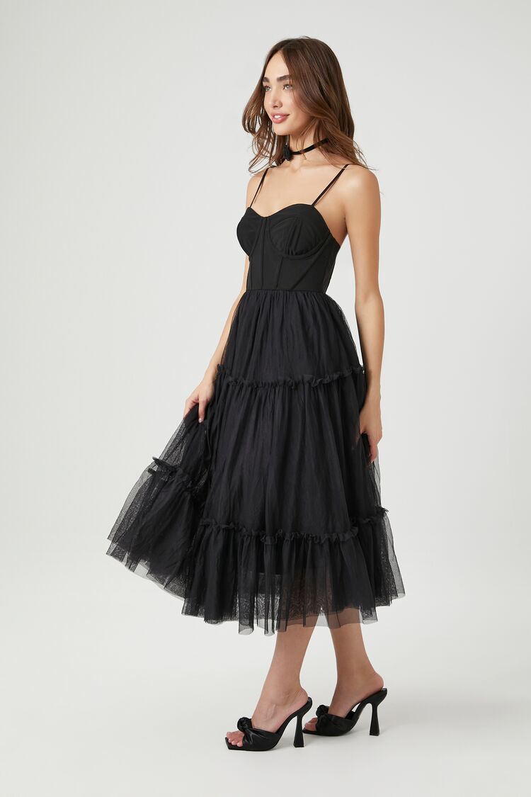 Tulle Ruffled Bustier Midi Dress-Feelings Star