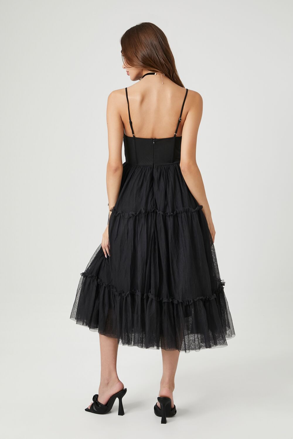 Tulle Ruffled Bustier Midi Dress-Feelings Star