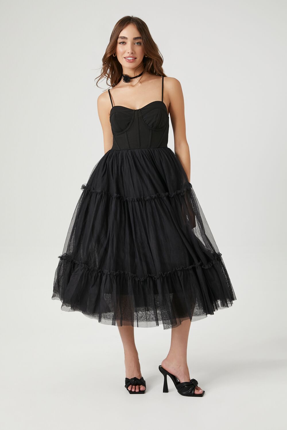 Tulle Ruffled Bustier Midi Dress-Feelings Star