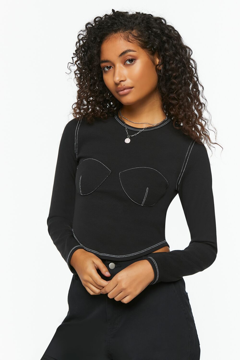 Bustier-Stitched Long-Sleeve Top-Feelings Star