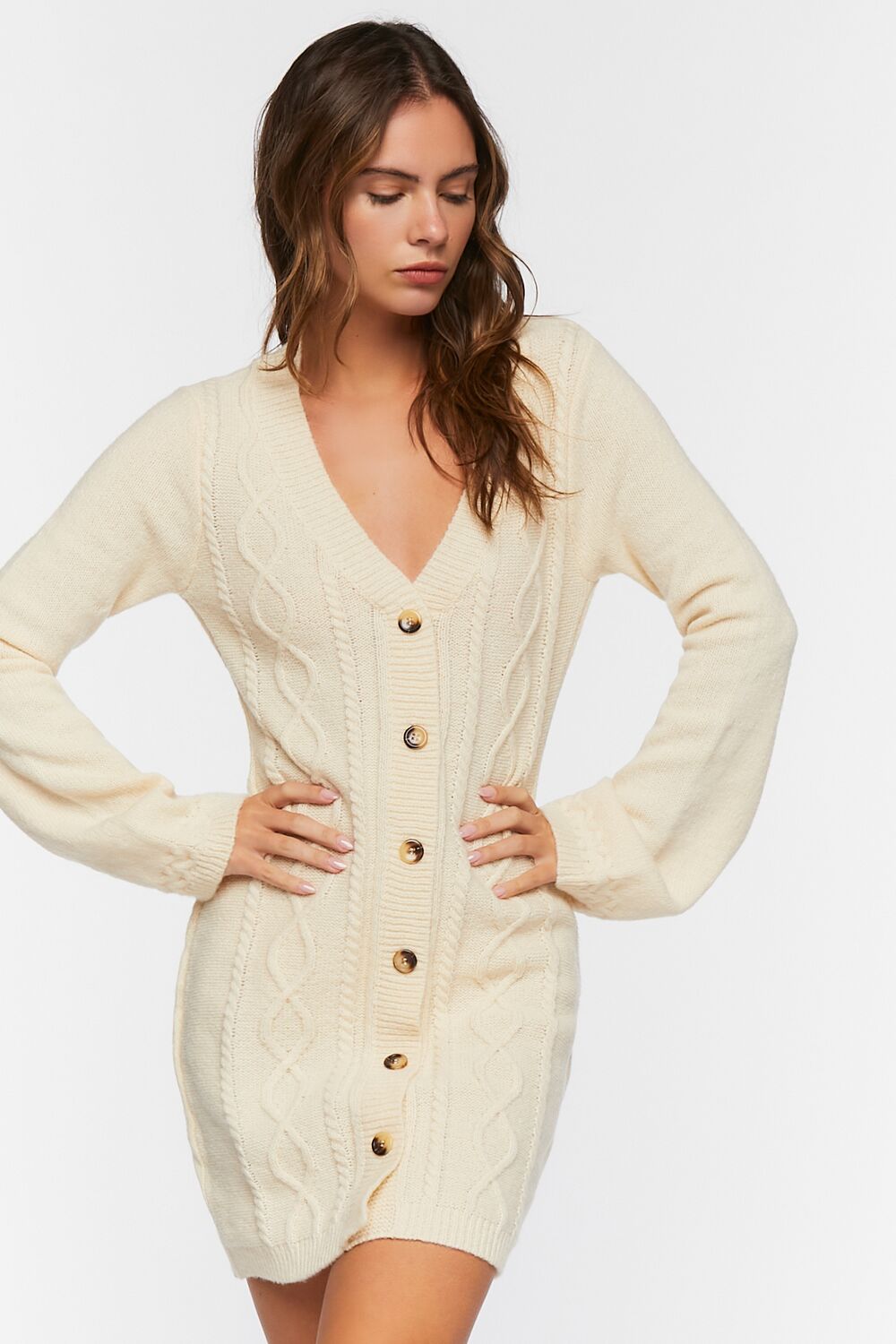 Cable Knit Button-Front Sweater Dress-Feelings Star