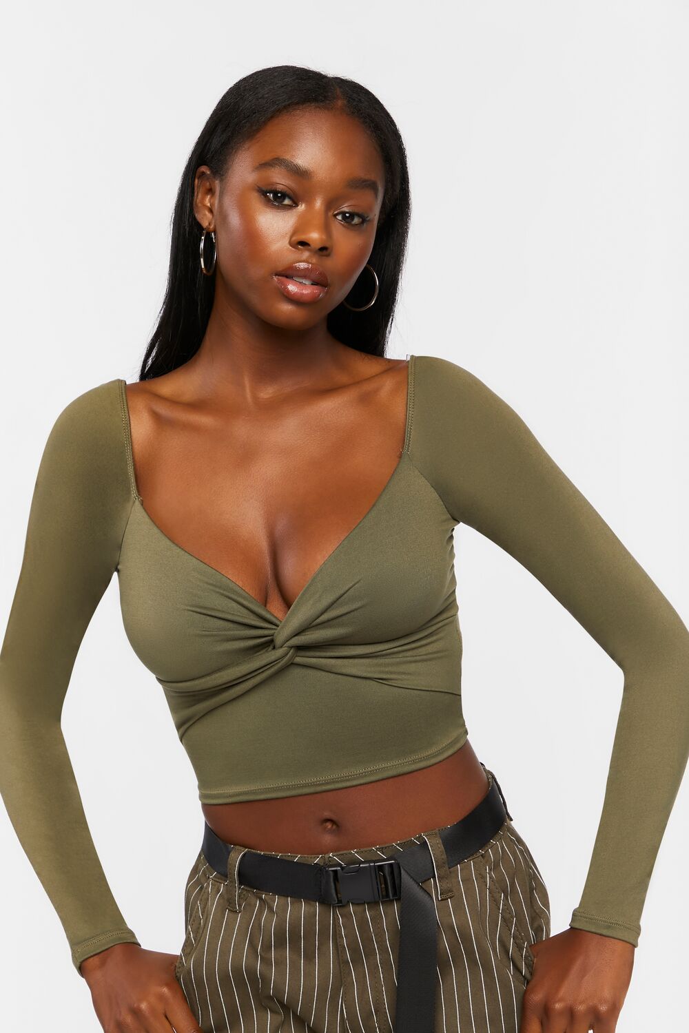 Twist-Front Long-Sleeve Crop Top-Feelings Star