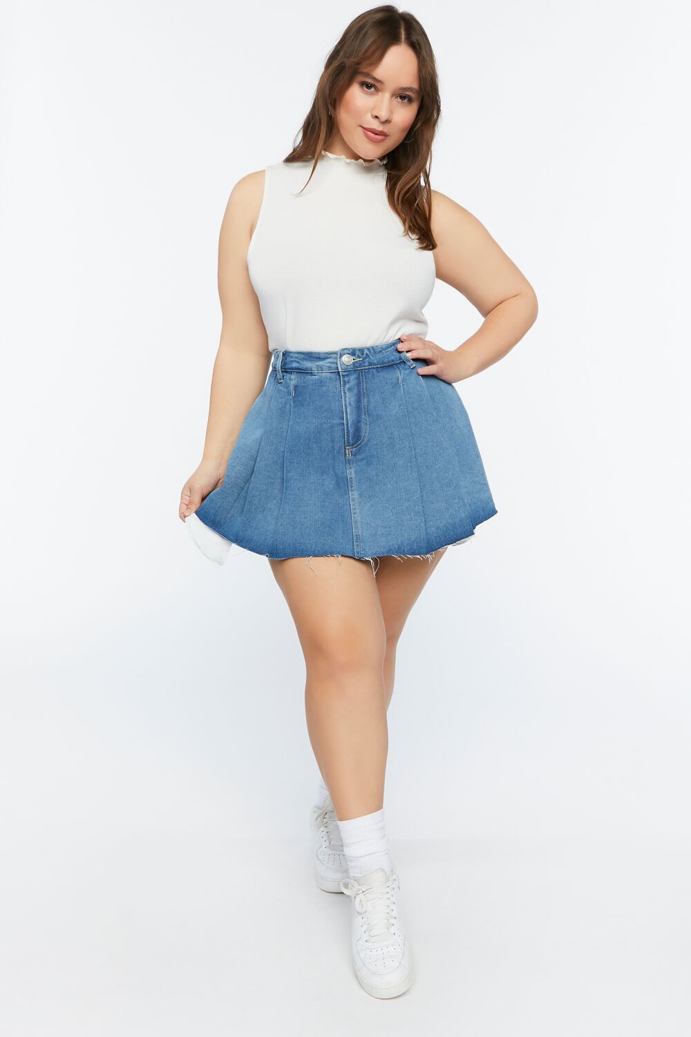 Plus Size Pleated Denim Skort-Feelings Star
