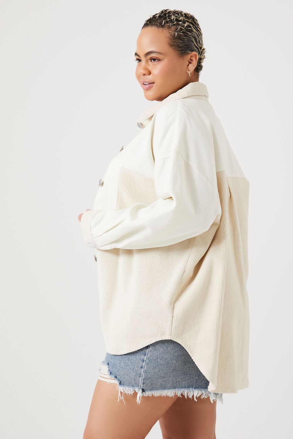 Plus Size Corduroy Colorblock Shacket-Feelings Star