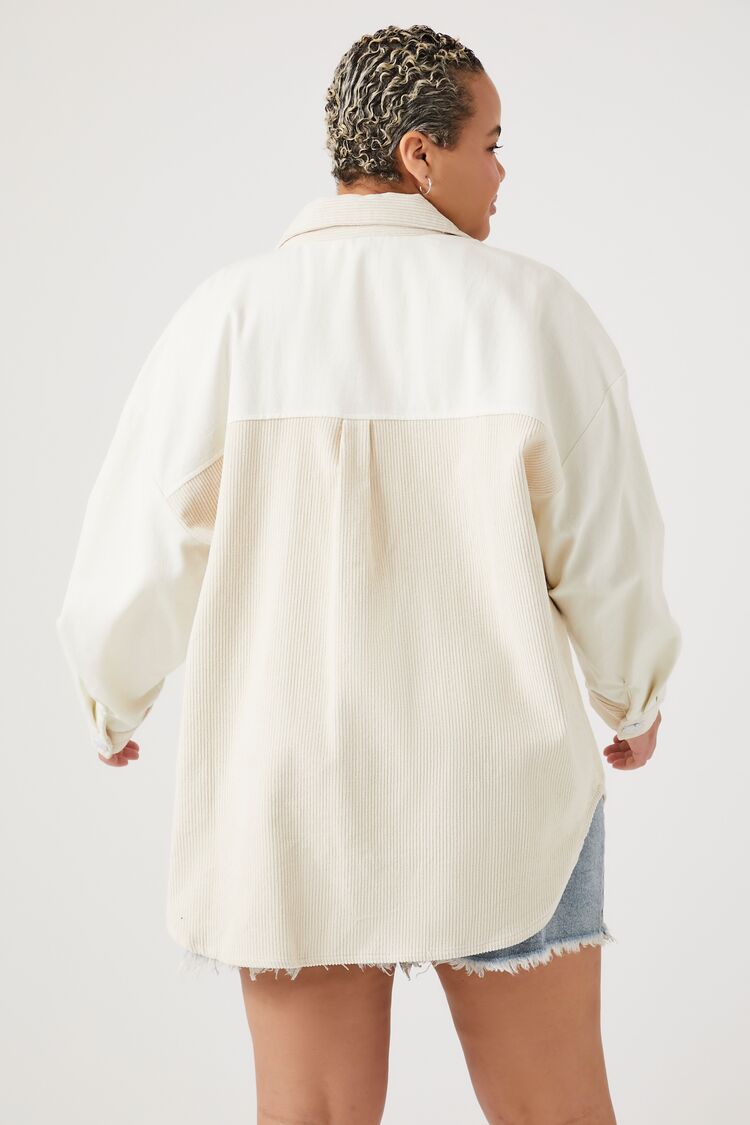 Plus Size Corduroy Colorblock Shacket-Feelings Star