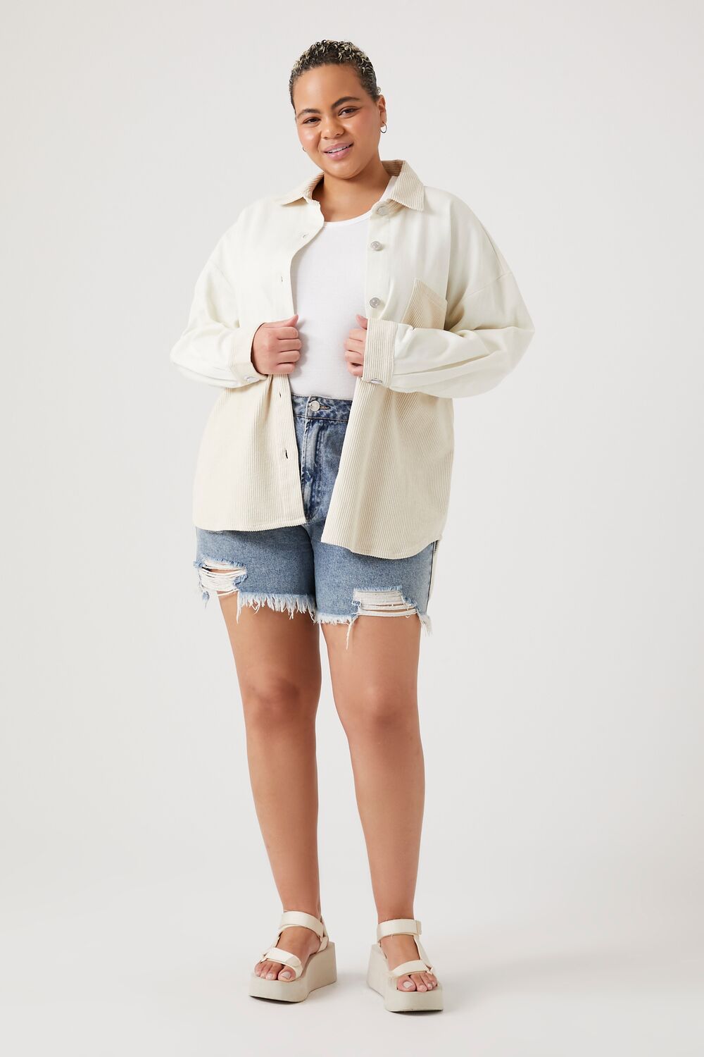 Plus Size Corduroy Colorblock Shacket-Feelings Star