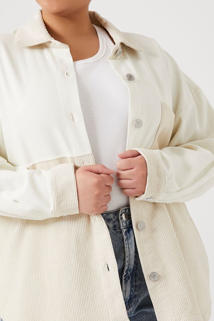 Plus Size Corduroy Colorblock Shacket-Feelings Star