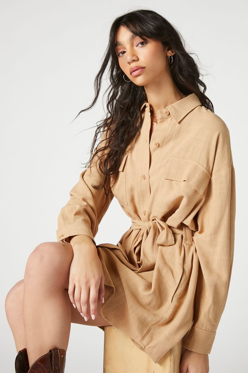 Tie-Waist Mini Shirt Dress-Feelings Star