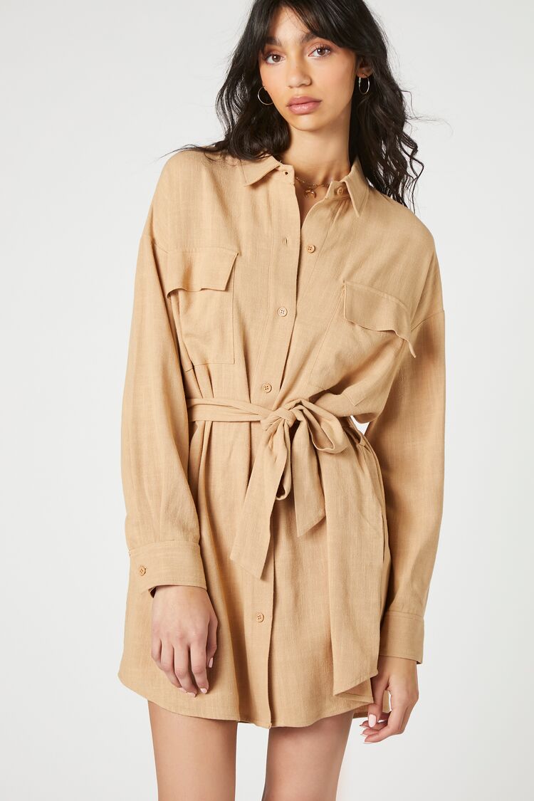 Tie-Waist Mini Shirt Dress-Feelings Star