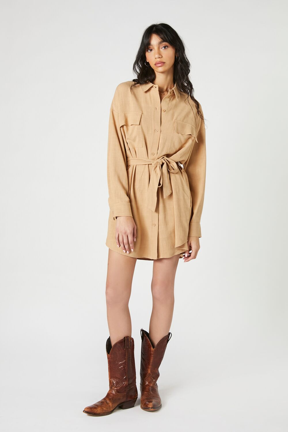 Tie-Waist Mini Shirt Dress-Feelings Star