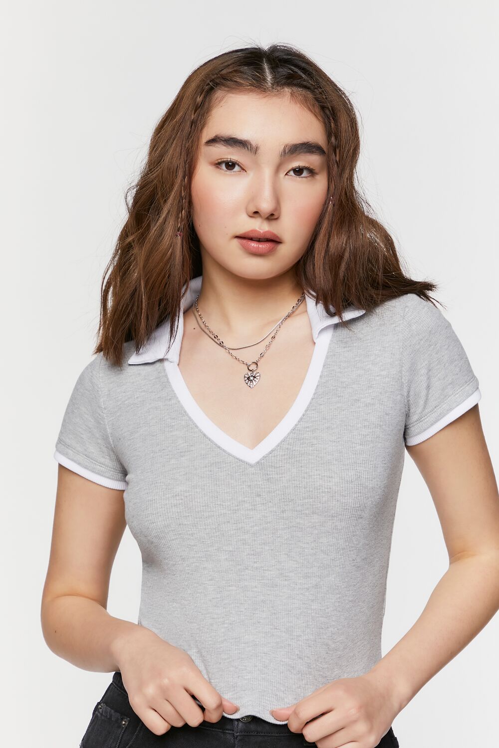 V-Neck Cropped Polo Shirt-Feelings Star