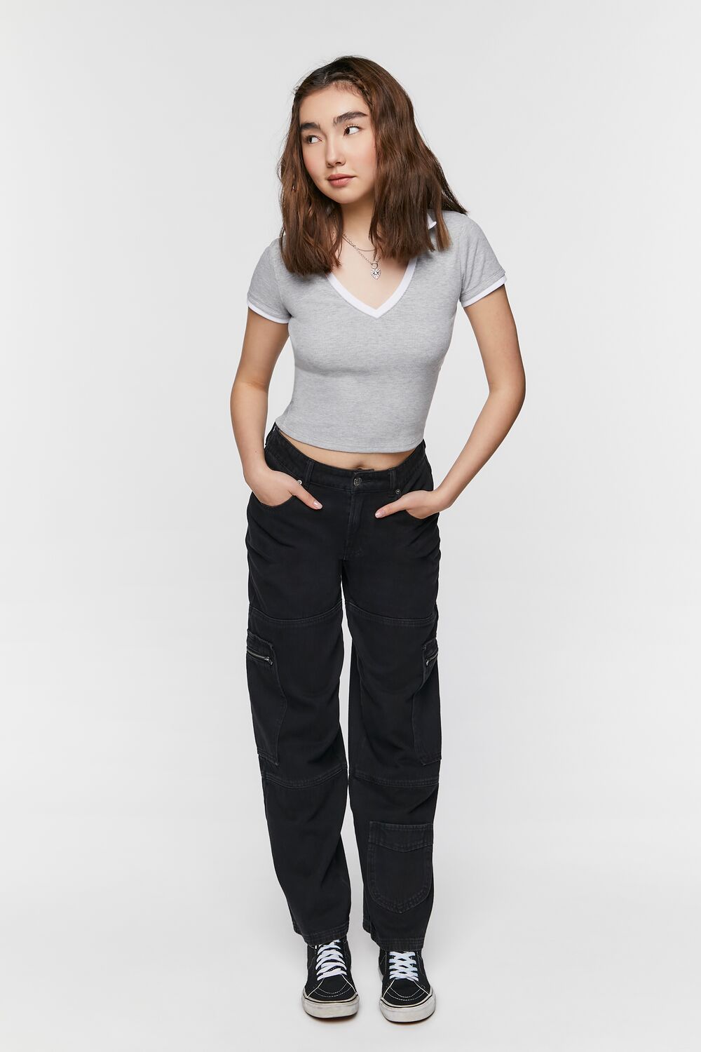 V-Neck Cropped Polo Shirt-Feelings Star