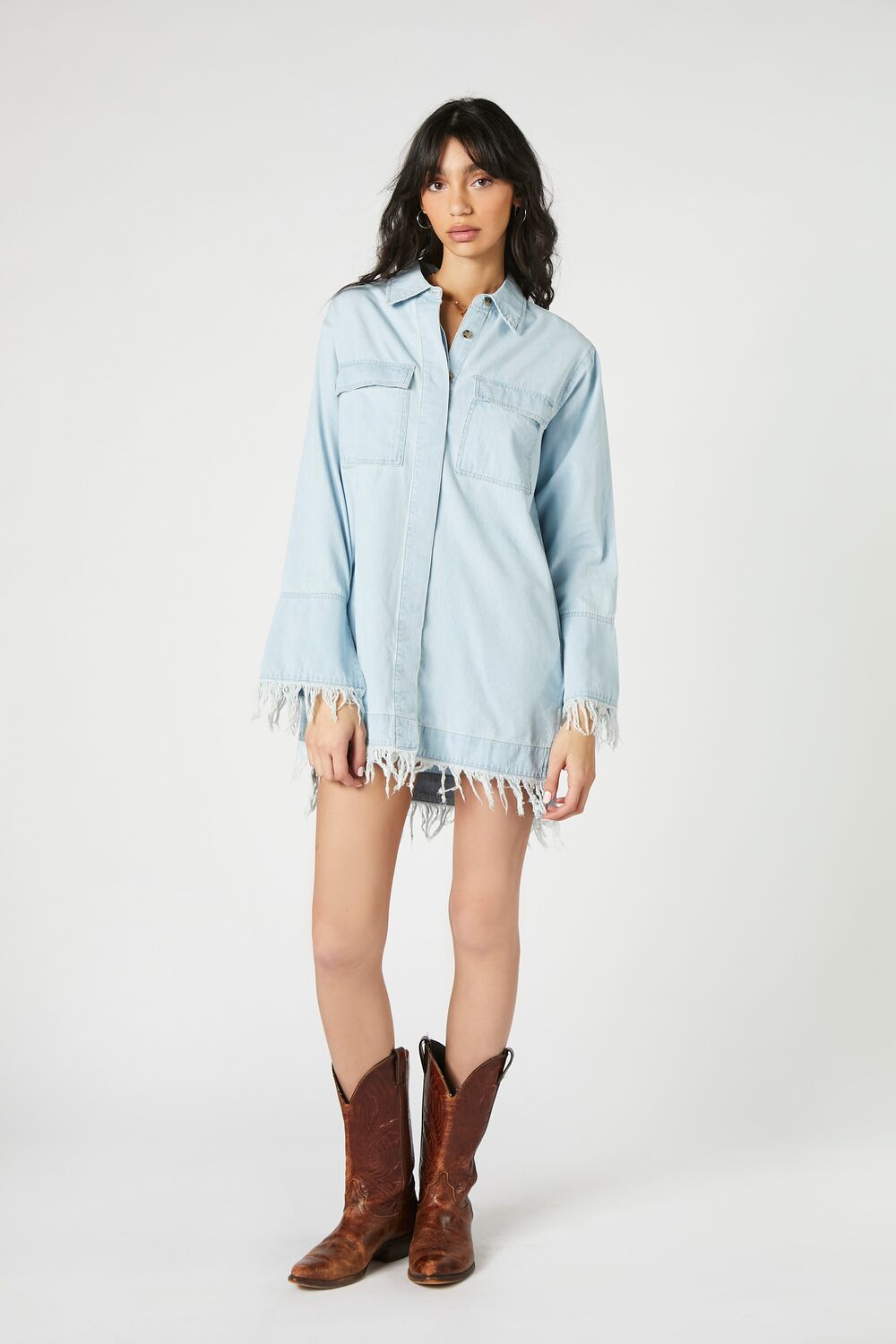 Trumpet-Sleeve Denim Mini Dress-Feelings Star