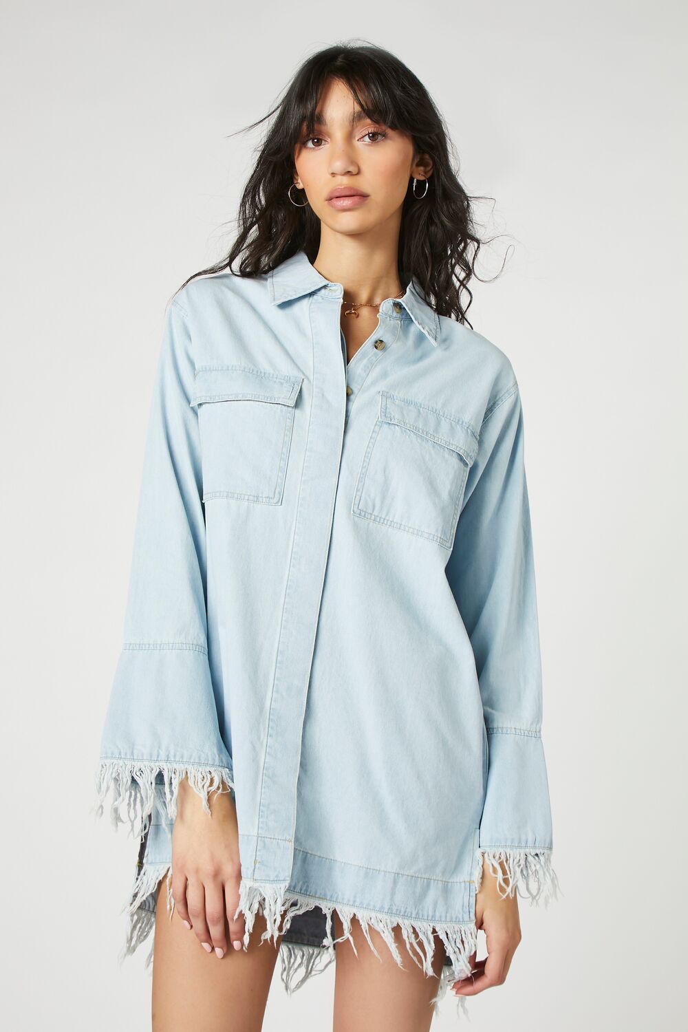 Trumpet-Sleeve Denim Mini Dress-Feelings Star