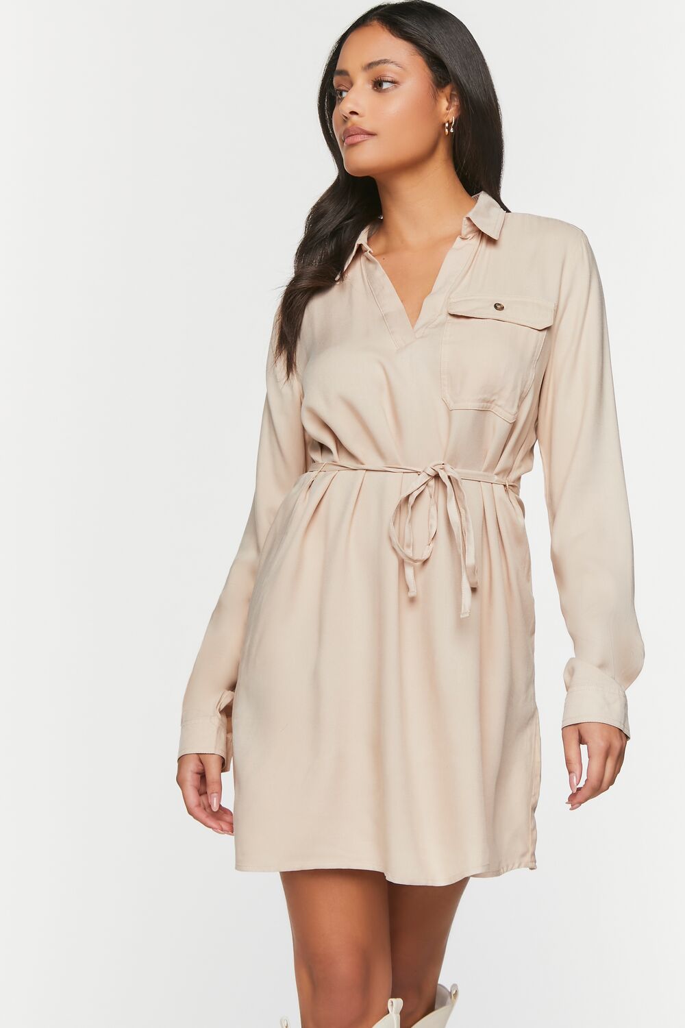 V-Neck Belted Shirt Dress-Feelings Star